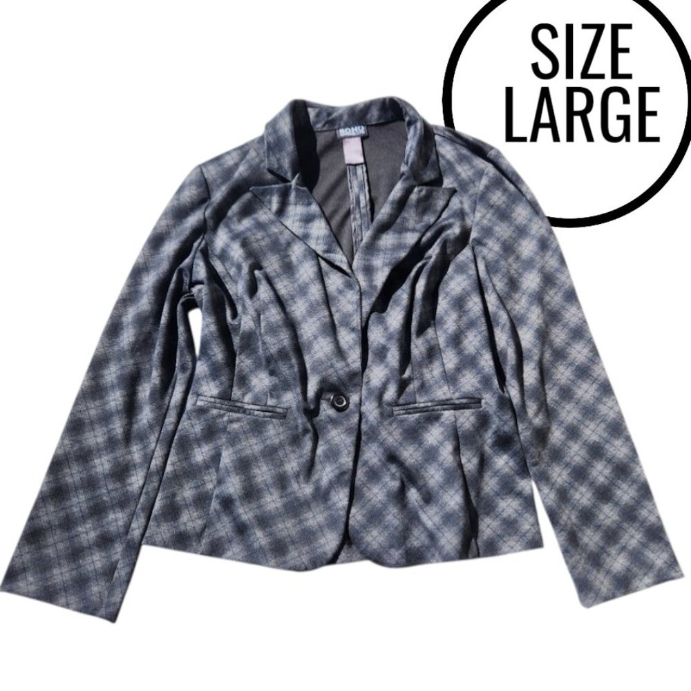 SOHO Apparel Women's Jacket Blazer Gray Black Plaid Size L Large 1-Button Stretc